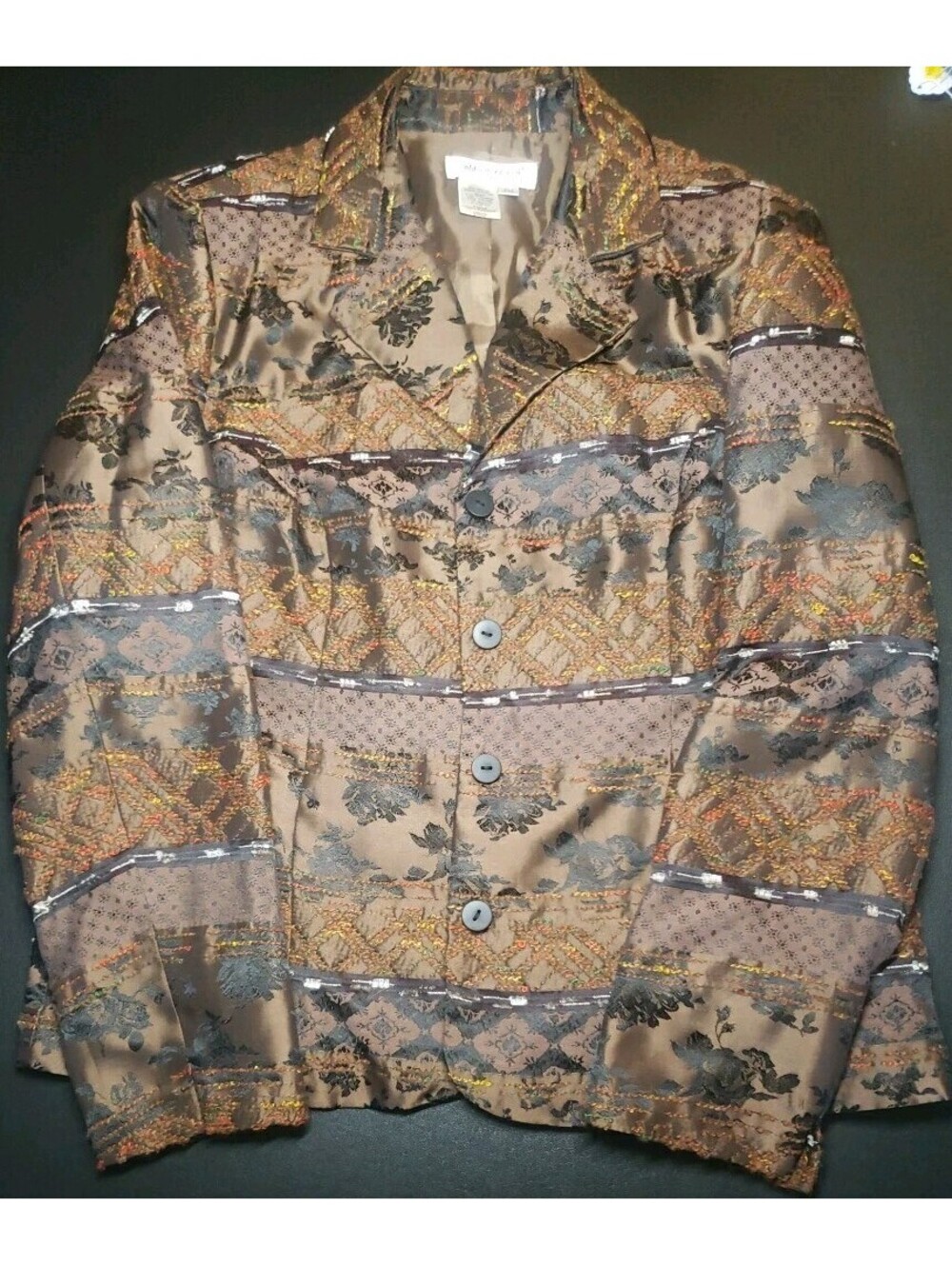 Coldwater Creek Sz PM Brown Satin Embroidered Button Jacket Coat
